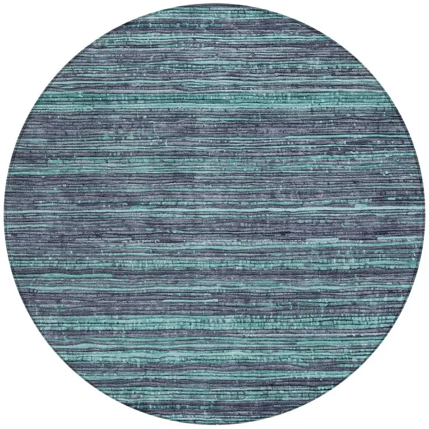 8' Teal Blue And Gray Round Striped Washable Indoor Outdoor Area Rug Photo 3