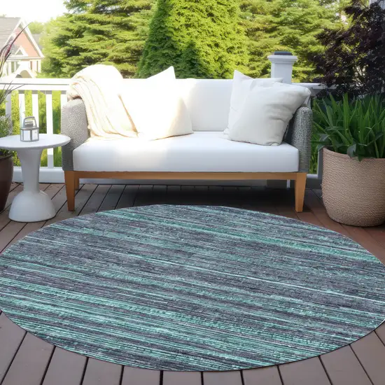 8' Teal Blue And Gray Round Striped Washable Indoor Outdoor Area Rug Photo 5