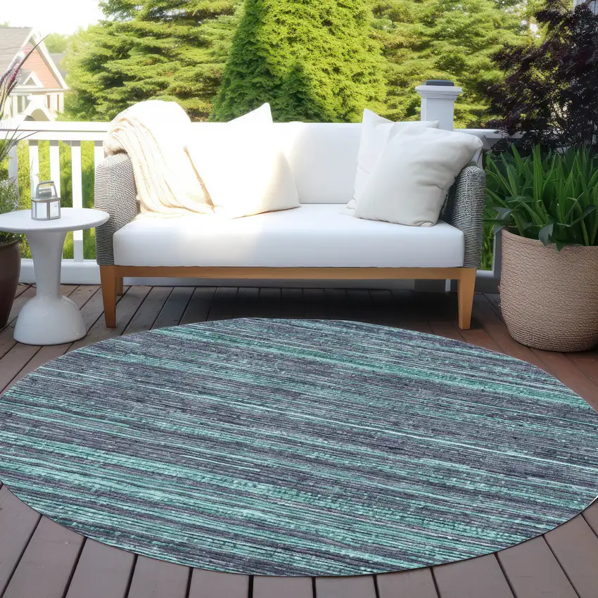 8' Teal Blue And Gray Round Striped Washable Indoor Outdoor Area Rug Photo 5
