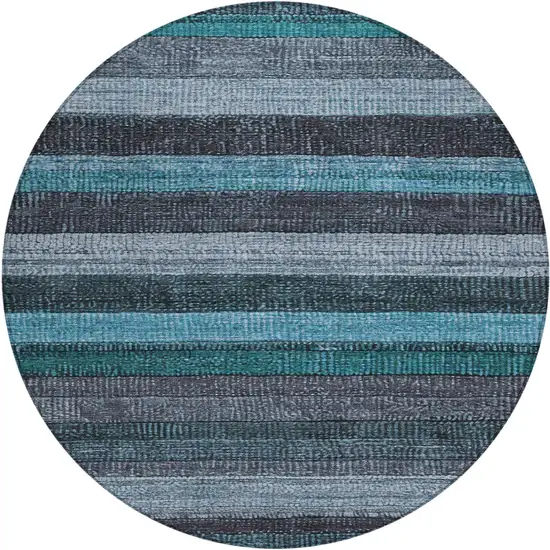 8' Teal Blue And Gray Round Striped Washable Indoor Outdoor Area Rug Photo 1