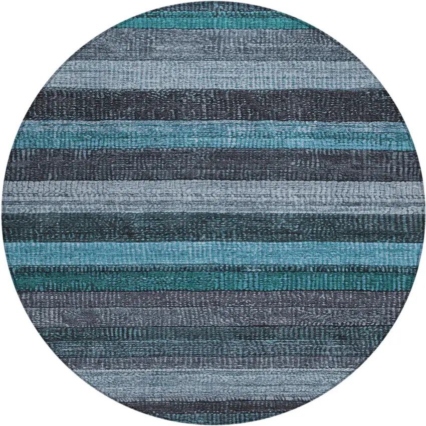 8' Teal Blue And Gray Round Striped Washable Indoor Outdoor Area Rug Photo 1