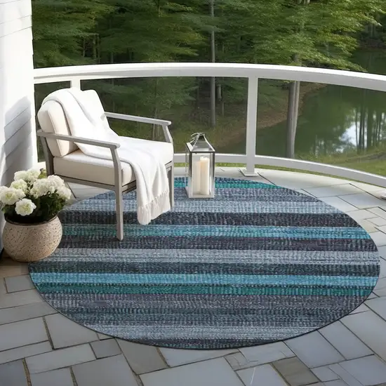 8' Teal Blue And Gray Round Striped Washable Indoor Outdoor Area Rug Photo 5