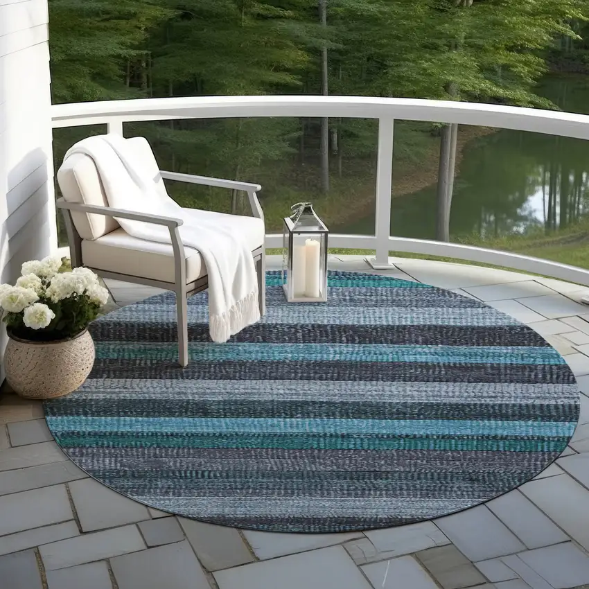 8' Teal Blue And Gray Round Striped Washable Indoor Outdoor Area Rug Photo 5