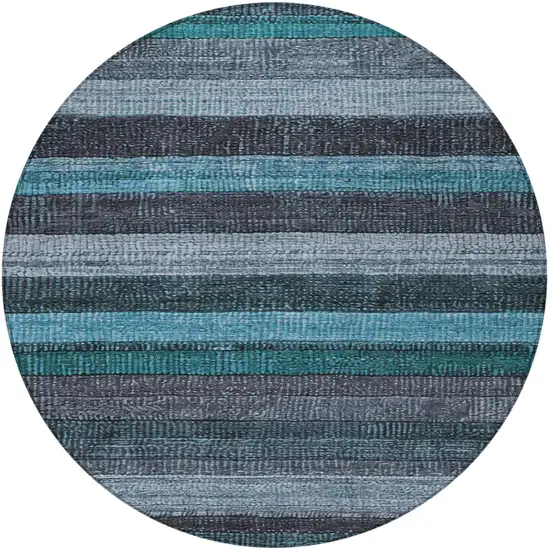 8' Teal Blue And Gray Round Striped Washable Indoor Outdoor Area Rug Photo 4