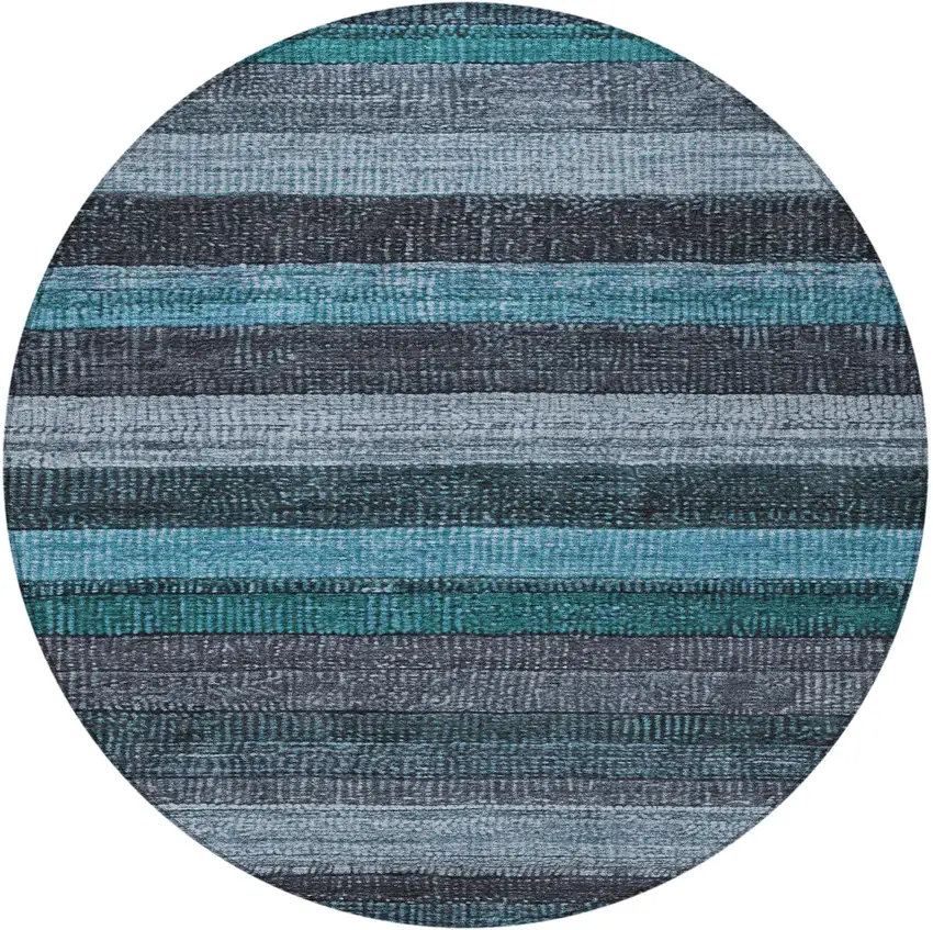 8' Teal Blue And Gray Round Striped Washable Indoor Outdoor Area Rug Photo 3