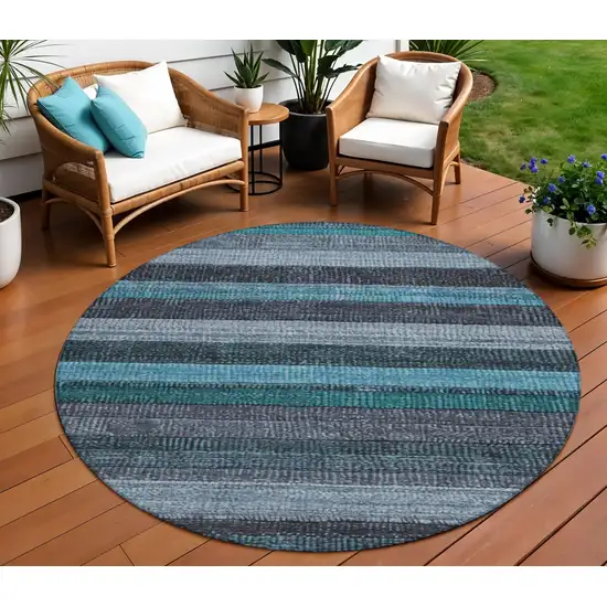 8' Teal Blue And Gray Round Striped Washable Indoor Outdoor Area Rug Photo 2