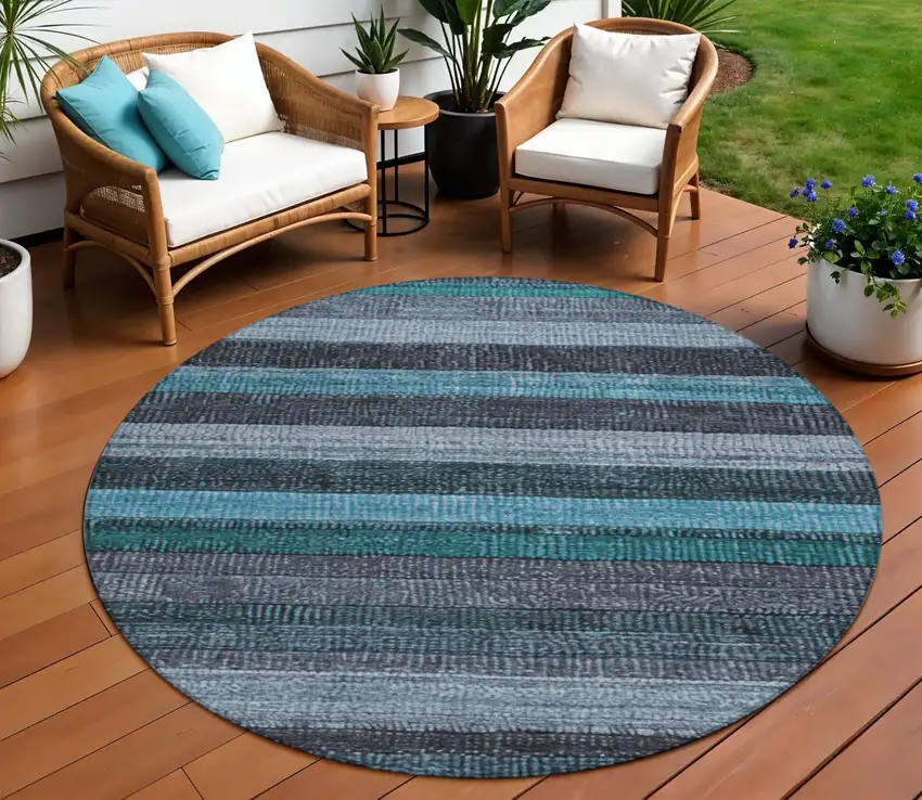 8' Teal Blue And Gray Round Striped Washable Indoor Outdoor Area Rug Photo 2
