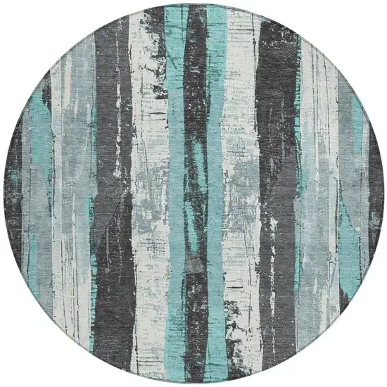 8' Teal Blue And Gray Round Striped Washable Indoor Outdoor Area Rug Photo 3
