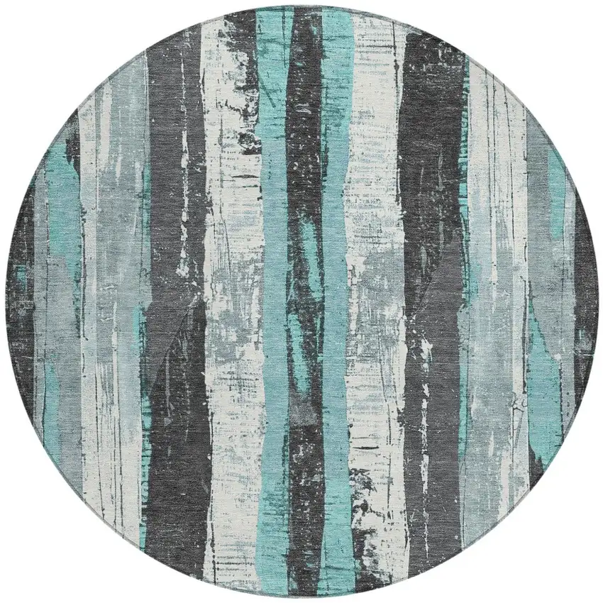 8' Teal Blue And Gray Round Striped Washable Indoor Outdoor Area Rug Photo 3