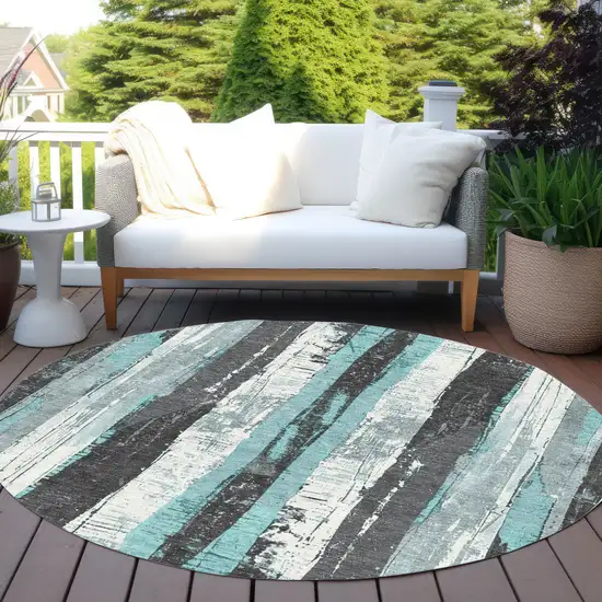 8' Teal Blue And Gray Round Striped Washable Indoor Outdoor Area Rug Photo 5