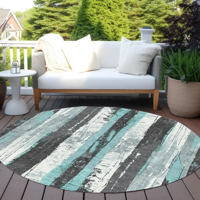 8' Teal Blue And Gray Round Striped Washable Indoor Outdoor Area Rug Photo 5