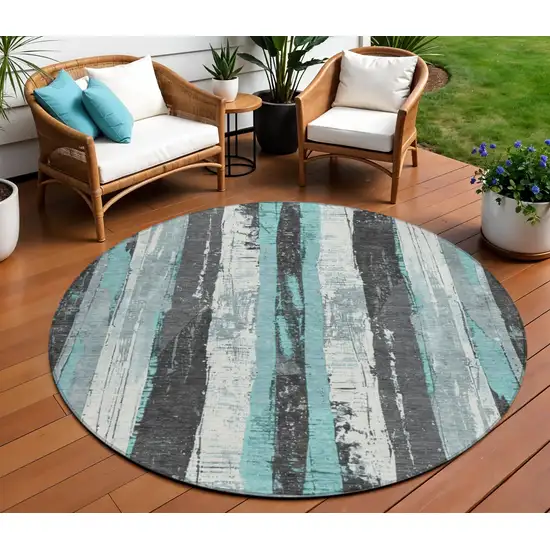 8' Teal Blue And Gray Round Striped Washable Indoor Outdoor Area Rug Photo 2