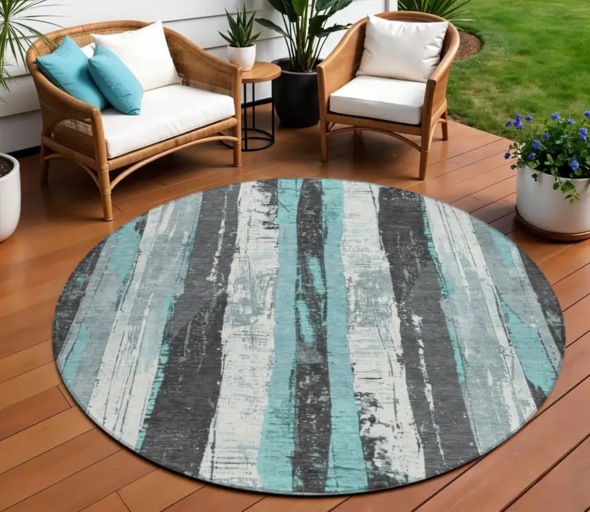 8' Teal Blue And Gray Round Striped Washable Indoor Outdoor Area Rug Photo 2
