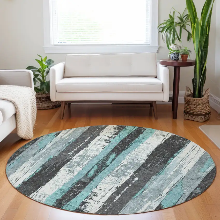 8' Teal Blue And Gray Round Striped Washable Indoor Outdoor Area Rug Photo 6