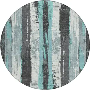 Photo of 8' Teal Blue And Gray Round Striped Washable Indoor Outdoor Area Rug