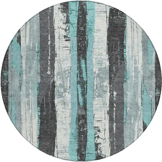 8' Teal Blue And Gray Round Striped Washable Indoor Outdoor Area Rug Photo 1