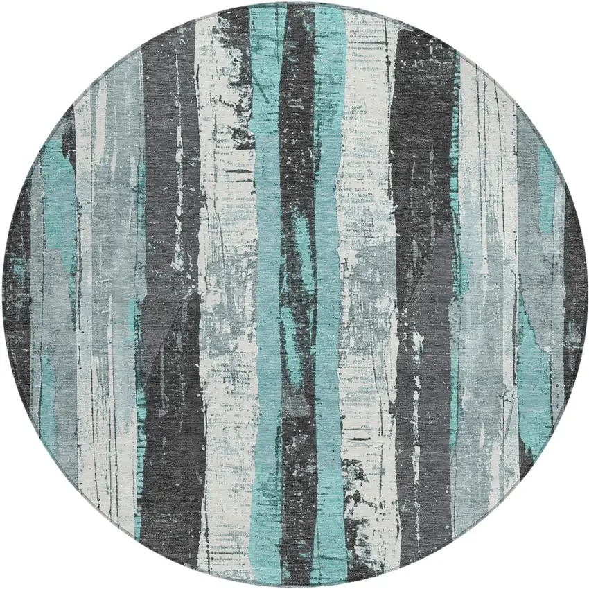 8' Teal Blue And Gray Round Striped Washable Indoor Outdoor Area Rug Photo 1