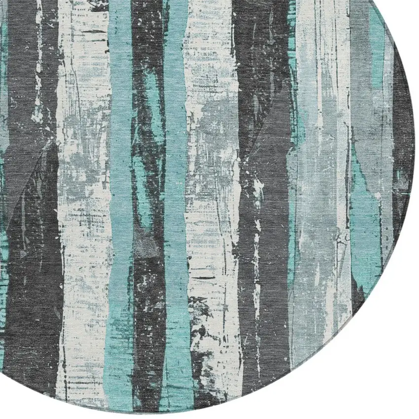 8' Teal Blue And Gray Round Striped Washable Indoor Outdoor Area Rug Photo 8