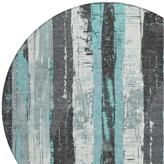 8' Teal Blue And Gray Round Striped Washable Indoor Outdoor Area Rug Photo 4