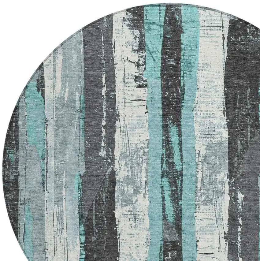 8' Teal Blue And Gray Round Striped Washable Indoor Outdoor Area Rug Photo 4