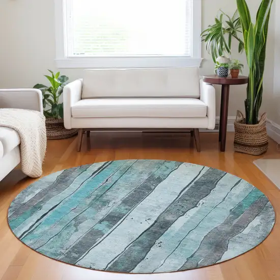 8' Teal Blue And Gray Round Striped Washable Indoor Outdoor Area Rug Photo 6