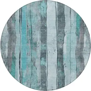 Photo of 8' Teal Blue And Gray Round Striped Washable Indoor Outdoor Area Rug