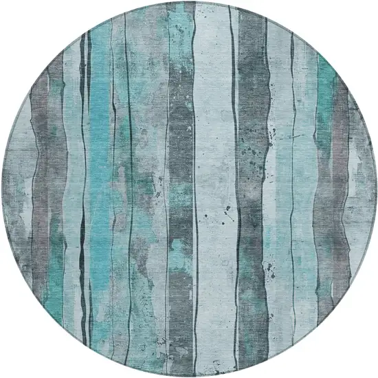 8' Teal Blue And Gray Round Striped Washable Indoor Outdoor Area Rug Photo 1
