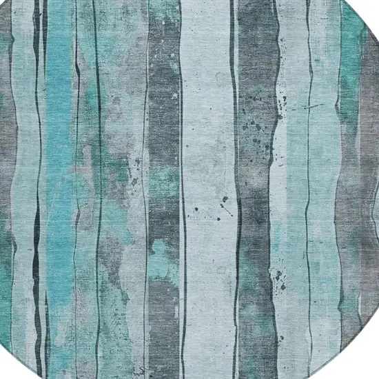 8' Teal Blue And Gray Round Striped Washable Indoor Outdoor Area Rug Photo 4