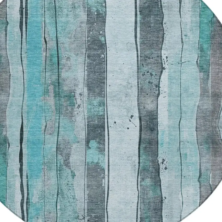8' Teal Blue And Gray Round Striped Washable Indoor Outdoor Area Rug Photo 4