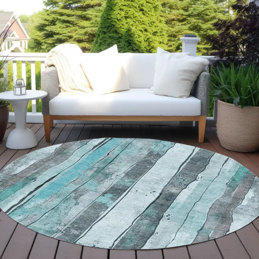 8' Teal Blue And Gray Round Striped Washable Indoor Outdoor Area Rug Photo 5
