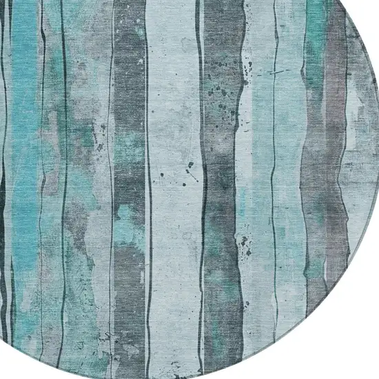 8' Teal Blue And Gray Round Striped Washable Indoor Outdoor Area Rug Photo 8