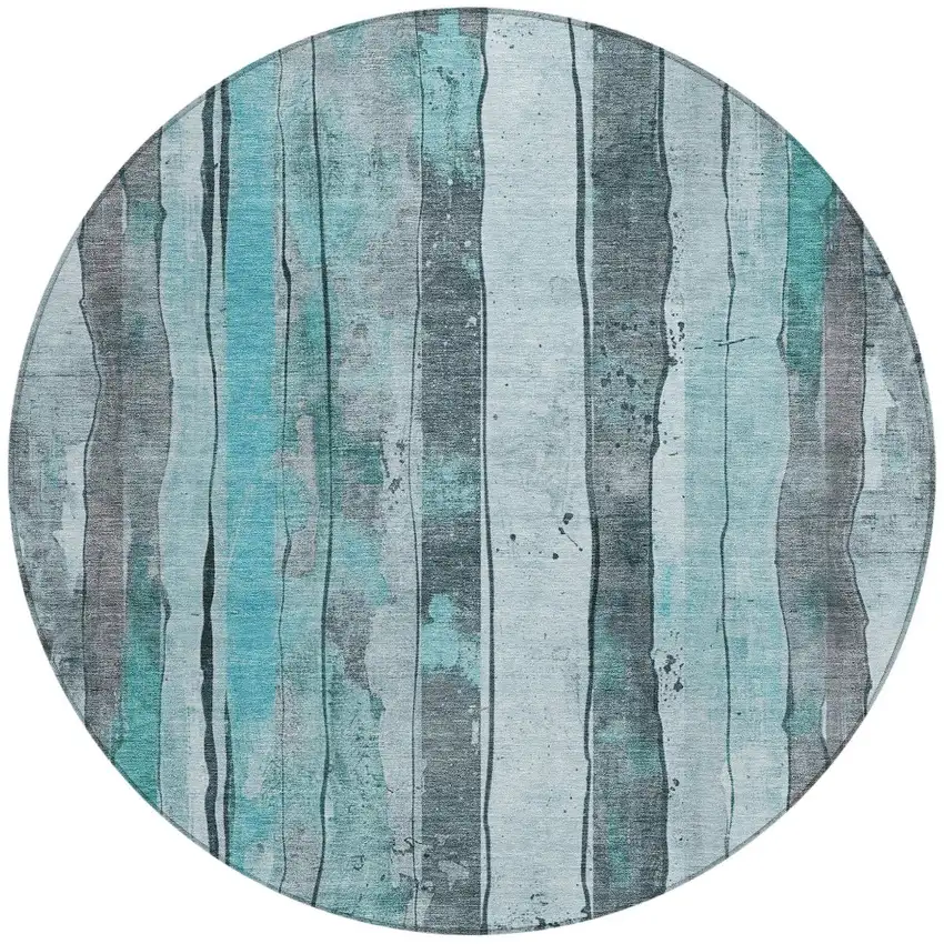 8' Teal Blue And Gray Round Striped Washable Indoor Outdoor Area Rug Photo 3