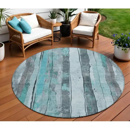 8' Teal Blue And Gray Round Striped Washable Indoor Outdoor Area Rug Photo 2