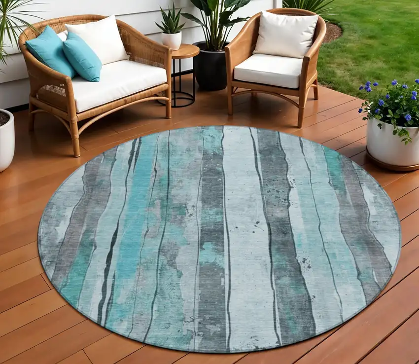 8' Teal Blue And Gray Round Striped Washable Indoor Outdoor Area Rug Photo 2