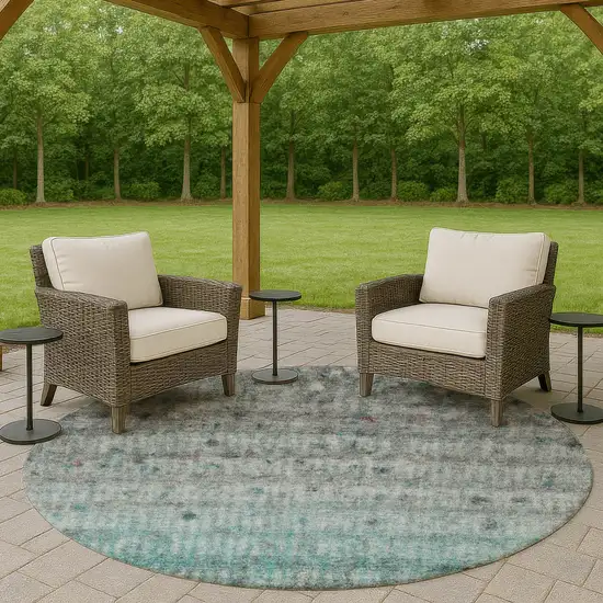 8' Teal Blue And Gray Round Striped Washable Indoor Outdoor Area Rug Photo 8