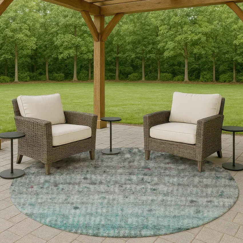 8' Teal Blue And Gray Round Striped Washable Indoor Outdoor Area Rug Photo 8