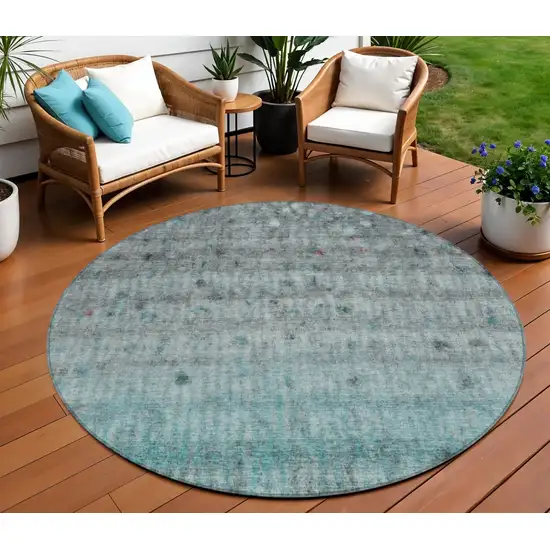8' Teal Blue And Gray Round Striped Washable Indoor Outdoor Area Rug Photo 1