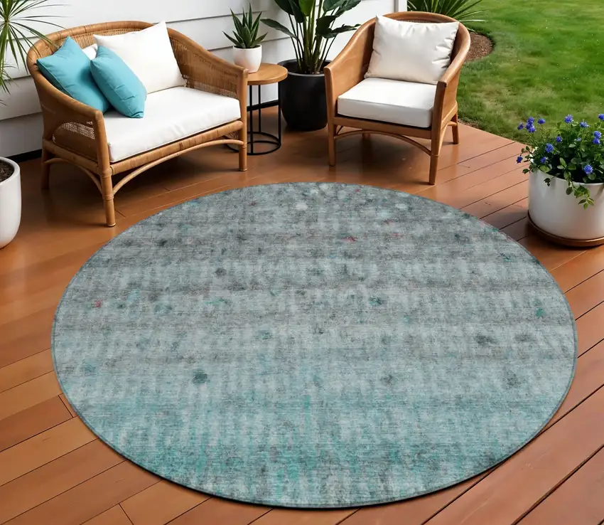 8' Teal Blue And Gray Round Striped Washable Indoor Outdoor Area Rug Photo 1