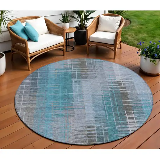 8' Teal Blue And Gray Round Striped Washable Indoor Outdoor Area Rug Photo 1