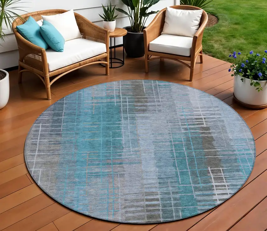 8' Teal Blue And Gray Round Striped Washable Indoor Outdoor Area Rug Photo 1