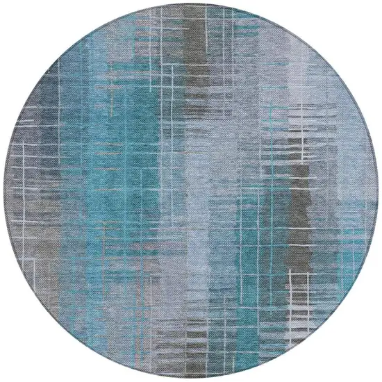 8' Teal Blue And Gray Round Striped Washable Indoor Outdoor Area Rug Photo 4