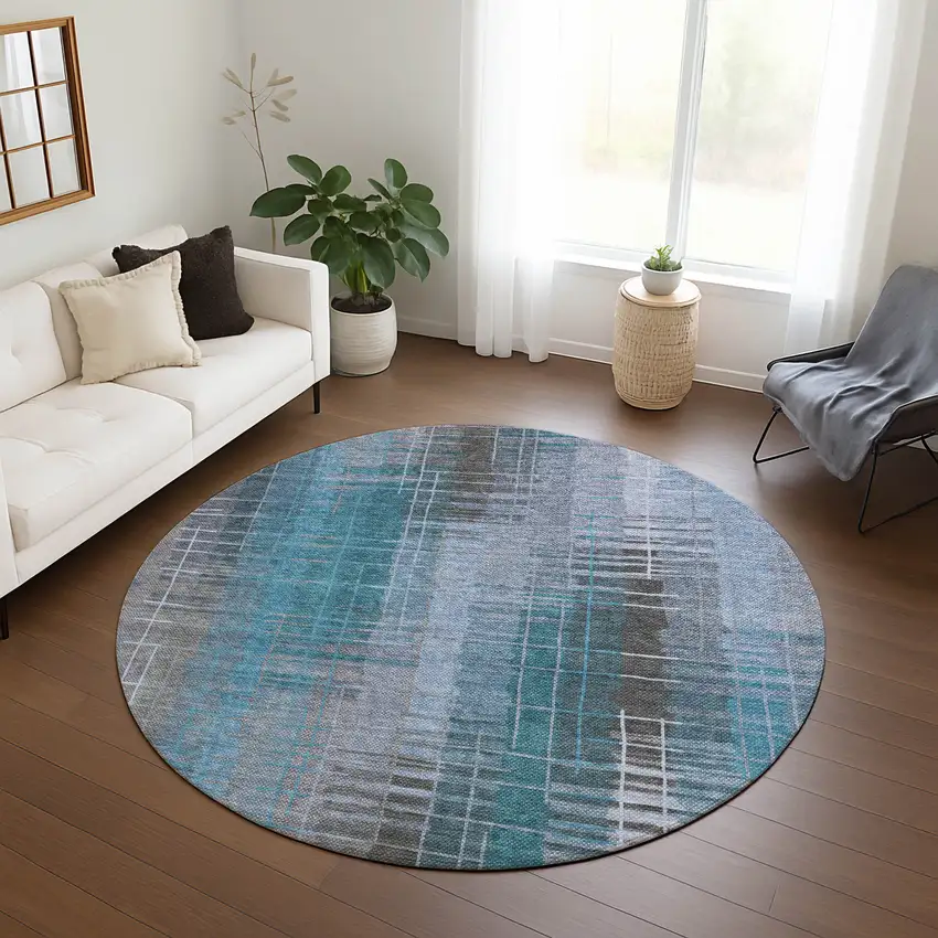 8' Teal Blue And Gray Round Striped Washable Indoor Outdoor Area Rug Photo 9