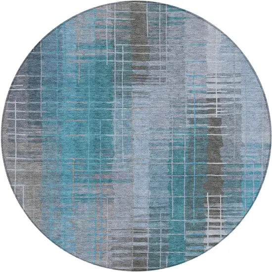 8' Teal Blue And Gray Round Striped Washable Indoor Outdoor Area Rug Photo 2