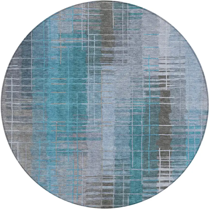 8' Teal Blue And Gray Round Striped Washable Indoor Outdoor Area Rug Photo 2