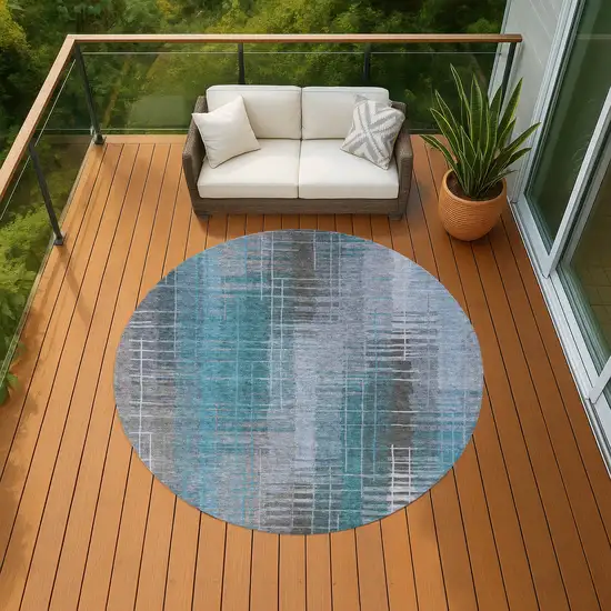 8' Teal Blue And Gray Round Striped Washable Indoor Outdoor Area Rug Photo 8