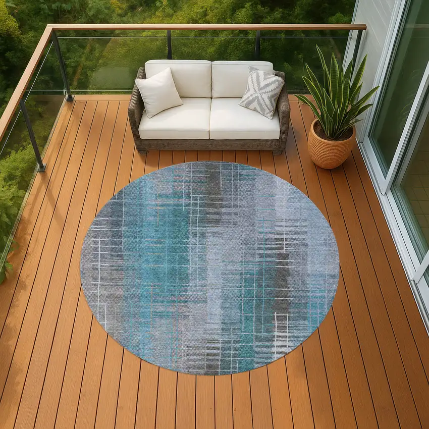 8' Teal Blue And Gray Round Striped Washable Indoor Outdoor Area Rug Photo 8
