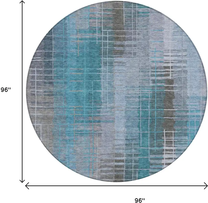 8' Teal Blue And Gray Round Striped Washable Indoor Outdoor Area Rug Photo 3