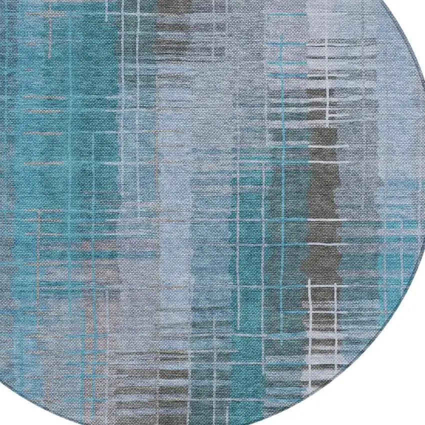 8' Teal Blue And Gray Round Striped Washable Indoor Outdoor Area Rug Photo 7