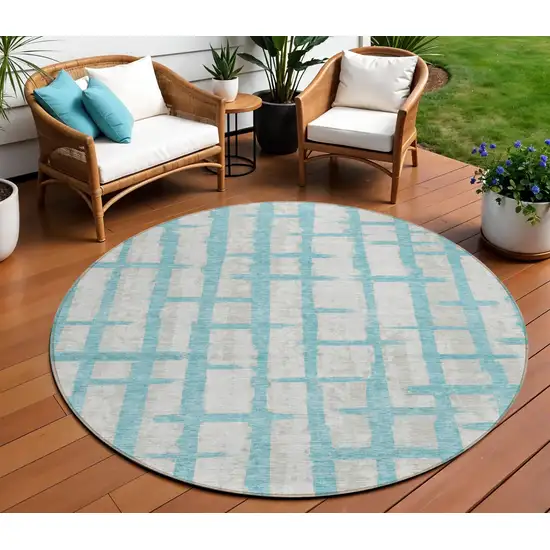 8' Teal Blue And Gray Round Striped Washable Indoor Outdoor Area Rug Photo 1