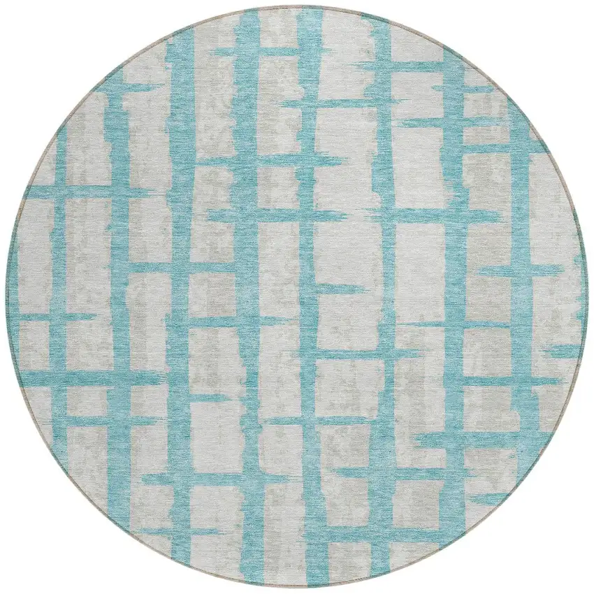 8' Teal Blue And Gray Round Striped Washable Indoor Outdoor Area Rug Photo 5